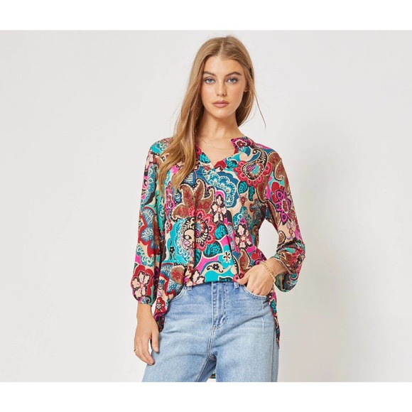 Dear Scarlett Tops - Dear Scarlett Women's Lizzy Paisley Long Sleeve V-Neck Blouse Top in Multi Color